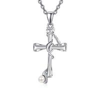 TANGPOET Collana con ciondolo a forma di croce per donne e ragazze, in argento Sterling 925, crocifisso, gioiello cristiano, regalo per comunione e battesimo, Argento sterling, Nessuna pietra preziosa