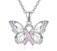 TANGPOET Collana di sopravvivenza del cancro al seno regali per donne donne in argento 925 farfalla ciondolo collana cancro al seno consapevolezza forza supporto gioielli ispiratori, 0.87 Zoll
