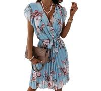 TANGZIXIN Vestito Donna Elegante Abiti Estivi per Donne Boho Floreale A V-Scollo A Manica Corta Abito Midi A Maniche Signore Arruffato A Una Linea Fluida Abiti da Sole Lunghi Fluidi-Blu-L