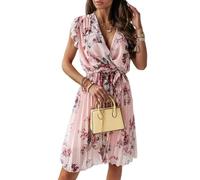 TANGZIXIN Vestito Donna Elegante Abiti Estivi per Donne Boho Floreale A V-Scollo A Manica Corta Abito Midi A Maniche Signore Arruffato A Una Linea Fluida Abiti da Sole Lunghi Fluidi-Rosa-M