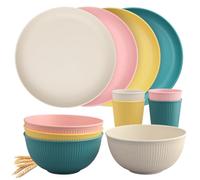 TANiCE Set di Piatti Tazze 12 Pz per 4 Persone Leggeri e Riutilizzabili Set Piatti Ciotole Insalata Biodegradabili per la Casa o da Campeggio in 4 Colori Resistente a temperature inferiori a 100°C