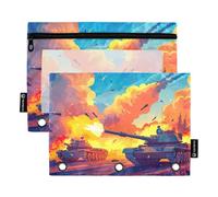 Tank War, astuccio arancione a 3 anelli con cerniera, morbido e trasparente, per la scuola dei bambini, 24,9 x 18 cm, confezione da 2