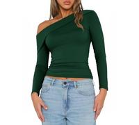 Tankaneo Camicetta da donna con spalle scoperte 2025 a maniche lunghe per uscire con scollo a barca camicetta aderente a costine, verde scuro, XX-Large