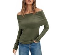 Tankaneo Camicie a maniche lunghe da donna con spalle scoperte 2025 autunno alla moda per uscire top di base abiti Y2k, Verde militare, M