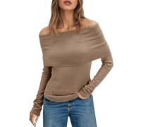 Tankaneo Camicie a maniche lunghe da donna con spalle scoperte 2025 autunno alla moda per uscire top di base abiti Y2k, Cachi, M