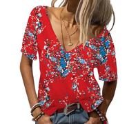 Tankaneo Maglia da donna alla moda profonda scollo a V maniche corte top solido casual casual casual basic, rosso ghiaccio, XL