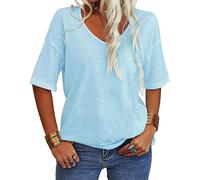 Tankaneo Maglietta a Maniche Corte con Scollo a V da Donna Casual Allentato Basic Summer Top Mezza Manica T-Shirt a Tunica Oversize, Azzurro, S