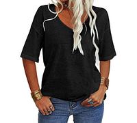 Tankaneo Maglietta a Maniche Corte con Scollo a V da Donna Casual Allentato Basic Summer Top Mezza Manica T-Shirt a Tunica Oversize, Nero, XL