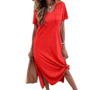 Tankaneo Maglietta da donna per il tempo libero, a maniche corte, con scollo a V, casual, maxi camicia da notte, con spacco laterale, lunga, con tasche, grigio, S, bordeaux, L