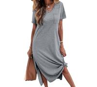 Tankaneo Maglietta da donna per il tempo libero, a maniche corte, con scollo a V, casual, maxi camicia da notte, con spacco laterale, lunga, con tasche, grigio, S, grigio., XL