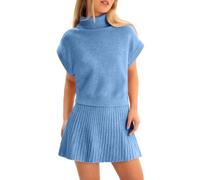 Tankaneo Set da 2 pezzi con gonna da donna 2025 a collo alto e maniche ad aletta e minigonna plissettata abiti da viaggio, Cielo blu, X-Large