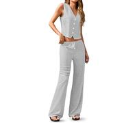 Tankaneo Set da 2 pezzi da donna a righe senza maniche con scollo a V con bottoni e pantaloni con coulisse, bianco, Medium