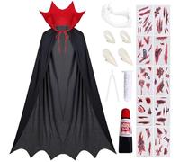 Tankermo Mantello da vampiro con collo gotico, 150 cm Costume da Halloween Uomo Donna Mantello medievale Dracula con 3 tipi di denti da vampiro, sangue finto e set di tatuaggi, mantellor da vampiros