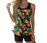 Tankini - Copripancia, da donna, 2 pezzi, con stampa a fogliame tropicale, blu, verde, senza maniche, corto, colore: nero, solido, per spiaggia, vacanze, estate, nuoto, piscina, Nero47, M