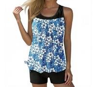 Tankini - Copripancia, da donna, 2 pezzi, con stampa a fogliame tropicale, blu, verde, senza maniche, corto, colore: nero, solido, per spiaggia, vacanze, estate, nuoto, piscina, Blu Cielo46, S