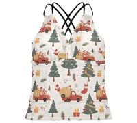 Tankini da donna con albero di Natale e camion rosso, con scollo a V, Albero di Natale carino camion rosso, XL