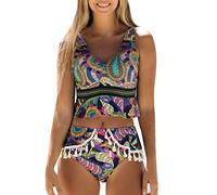 Tankini Set 50 stampa il costume da bagno split delle donne da appendere in stile spiaggia con sling etnico orecchini tankini digitale costume da bagno tankini set canotta uomo oliva, giallo., XL