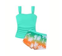 Tankini - Set da bagno per ragazze adolescenti, due pezzi, bikini estivo, top imbottito + pantaloncini da bagno con stampa tropicale hawaiana, costume da bagno separato, costume da bagno da 9-15 anni