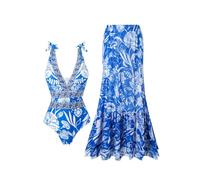 Tankini Set da donna boho 2 pezzi, costume da bagno retrò etnico monopezzo, con spalline regolabili e gonna, costume da bagno Cover-Up Bohemian tradizionale monokini, modellato da spiaggia, P blu., M
