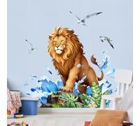 Tanlaby Adesivi Murali Animali Leone Grande Adesivi da Parete Bambini Safari con Onde e Uccelli Foglie Adesivi Cameretta Bimbo Decorazione Murale Asilo Nido Camerette Bambini Camera da Letto