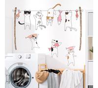 Tanlaby Gatto Che Ruba Pesce Adesivi Murali Pesce Asciuga Stendibiancheria | Sticker Murali Autoadesivo Adesivi da Parete Rimovibile Sticker Muro per Lavanderia Cameretta Bambini Decorazione Murale