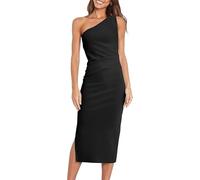 TANMESSO Abito estivo da donna, monospalla, senza maniche, increspato, aderente, per cocktail party, midi con spacco, Nero , L