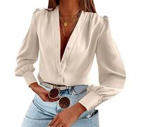 TANMESSO Camicetta da donna in chiffon a maniche lunghe con scollo a V, casual, in seta, con bottoni, per l'estate, Albicocca, M