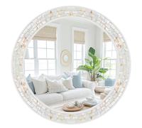 Tanmicoshomy Specchio rotondo da parete 76 cm, specchio circolare a mosaico con cornice in madreperla naturale e legno, specchio decorativo da parete rotondo costiero per bagno, camera da letto