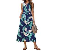 Tanmolo Abito estivo da donna, lungo, maxi abito da donna, linea ad A, abito da spiaggia con scollo rotondo, stile swing, con motivo floreale, senza maniche, con tasche, Foglie di banana blu, XL