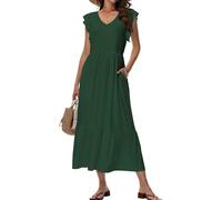 Tanmolo Maxi Abito Estivo da Donna Abito Lungo da Spiaggia con Scollo V Stile Swing con Motivo Floreale con Tasche（Verde Scuro M）
