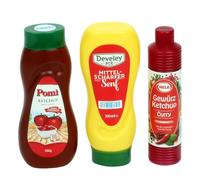 tanner DER KLEINE KAUFMANN Set di Salse, Mini Bottiglie di plastica con Pomi Ketchup, Develey Senape e Hela Spezie, per Negozio Commerciale, Design Alimentare, 0066.5, Multicolore