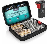Tanness Custodia per 140 Pile con Tester LCD - Organizer per AA AAA C D e 9V con Tester Universale - Case Rigido con Tasca Interna per Conservazione Sicura, Ordinata e Sempre Pronta all’Uso Quotidiano