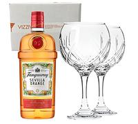 TANQUERAY GIN SEVILLA ORANGE - Distilled Gin 41,3% Vol. 1000 ml - Due Bicchieri In Vetro Borgonovo 620 ml