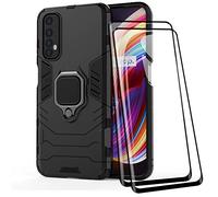 TANYO Cover + [2 Pezzi] Vetro Temperato per Oppo Realme 7 4G Version, TPU/PC Dual Layer Armor Antiurto Protezione Custodia [360° Supporto] con Durezza 9H Pellicola Protettiva, Nero