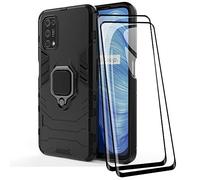 TANYO Cover + [2 Pezzi] Vetro Temperato per Oppo Realme 7 5G, TPU/PC Dual Layer Armor Antiurto Protezione Custodia [360° Supporto] con Durezza 9H Pellicola Protettiva, Nero