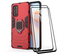 TANYO Cover + [2 Pezzi] Vetro Temperato per Oppo Reno4 PRO 5G, TPU/PC Dual Layer Armor Antiurto Protezione Custodia [360° Supporto] con Durezza 9H Pellicola Protettiva, Rosso