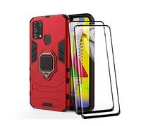 TANYO Cover + [2 Pezzi] Vetro Temperato per Samsung Galaxy M31 / M21s, TPU/PC Dual Layer Armor Antiurto Protezione Custodia [360° Supporto] con Durezza 9H Pellicola Protettiva, Rosso