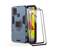 TANYO Cover + [2 Pezzi] Vetro Temperato per Samsung Galaxy M31 / M21s, TPU/PC Dual Layer Armor Antiurto Protezione Custodia [360° Supporto] con Durezza 9H Pellicola Protettiva, Blu