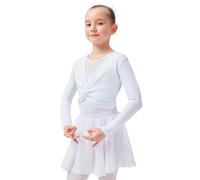 tanzmuster Top Corto da Danza Classica 'Mia' con Maniche Lunghe per Bambini in Bianco, 116/122 (7-8 Anni)