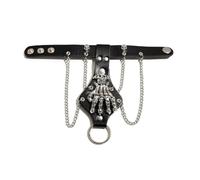 Taoxekoro Bracciale a catena con scheletro gotico con borchie in metallo, pelle nera, catene argentate