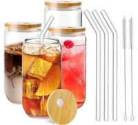 Taoyanmo Bicchieri in vetro da 500 ml, 4 pezzi, bicchieri con coperchio e cannuccia, bicchiere riutilizzabile con coperchio in bambù, 4 cannucce di vetro, 2 spazzole, forma per caffè freddo, tè, boba