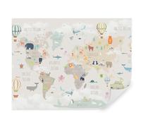 Tapeko - Carta da parati per bambini, fotomurali 310x210 cm, mappa del mondo con animali e palloncini, bambini fotografica murale per camera da letto, u96461