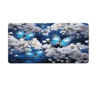 Tapis de bureau 30 x 60 cm (12 x 24 pouces) à motifs de papillons bleus et de fleurs blanches, bords cousus, grand tapis de souris de jeu avec base antidérapante en caoutchouc, idéal pour le bureau,