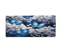 Tapis de bureau 30 x 80 cm (12 x 32 pouces) à motifs de papillons bleus et de fleurs blanches, bords cousus, grand tapis de souris de jeu avec base antidérapante en caoutchouc, idéal pour le bureau,
