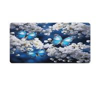 Tapis de bureau 40 x 80 cm (16 x 32 pouces) à motifs de papillons bleus et de fleurs blanches, bords cousus, grand tapis de souris de jeu avec base antidérapante en caoutchouc, idéal pour le bureau,