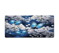 Tapis de bureau 40 x 89 cm (16 x 35 pouces) à motifs de papillons bleus et de fleurs blanches, bords cousus, grand tapis de souris de jeu avec base antidérapante en caoutchouc, idéal pour le bureau,