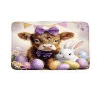 Tapis D'Entrée Easter Highland Cow & Bunny, Spring Egg Flower Cute Scene Lavabile In Lavatrice Tappeto D'Ingresso Interno Resistente Sporco Zerbino Ingresso Per Ingresso Balcone Zona