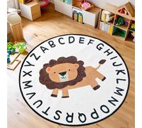 Tapis Design Tappeto per bambini con leone dei cartoni animati, morbido, antiscivolo, a pelo corto, lavabile, per camera da letto, aule, soggiorno, sala giochi (rotondo, 100 cm)