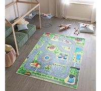 TAPISO Emma Tappeto Gioco Bambini Antiscivolo Lavabile in Lavatrice Design Stampato Morbido Motivo Strada Città Verde Grigio Sala Giochi Cameretta Stanza Bambini 80 x 150 cm