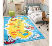 TAPISO Flannel Tappeto Gioco Bambini Stampato a Macchina Antiscivolo Lavabile Pelo Corto Design Moderno Morbido Isola Mare Pirati Multicolor Blu Giallo Cameretta Oeko-Tex 140 x 200 cm
